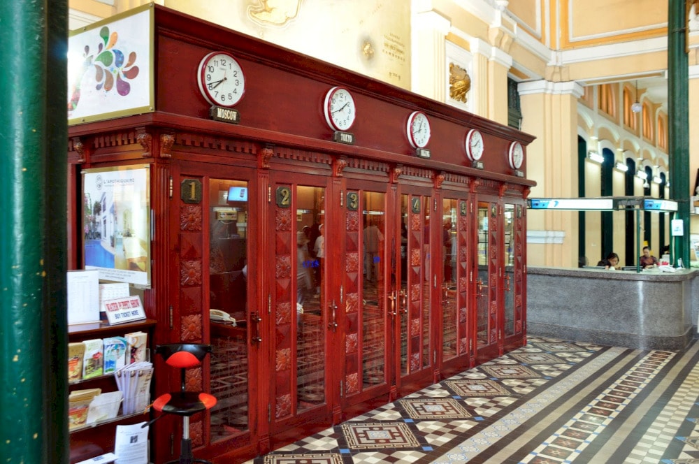 The vintage wooden telephone booths at the Saigon Central Post Office offer a charming glimpse into the past